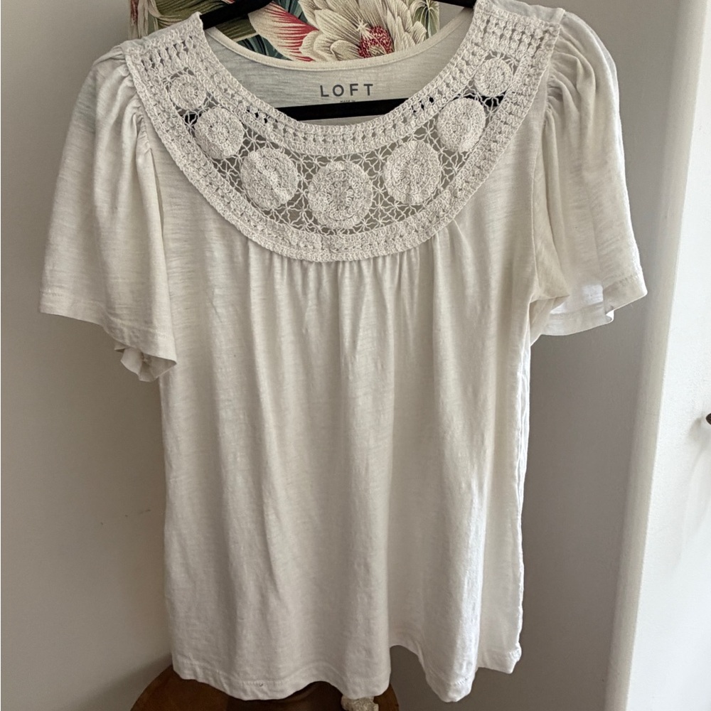 LOFT White Crochet Yoke Short Sleeve Tee